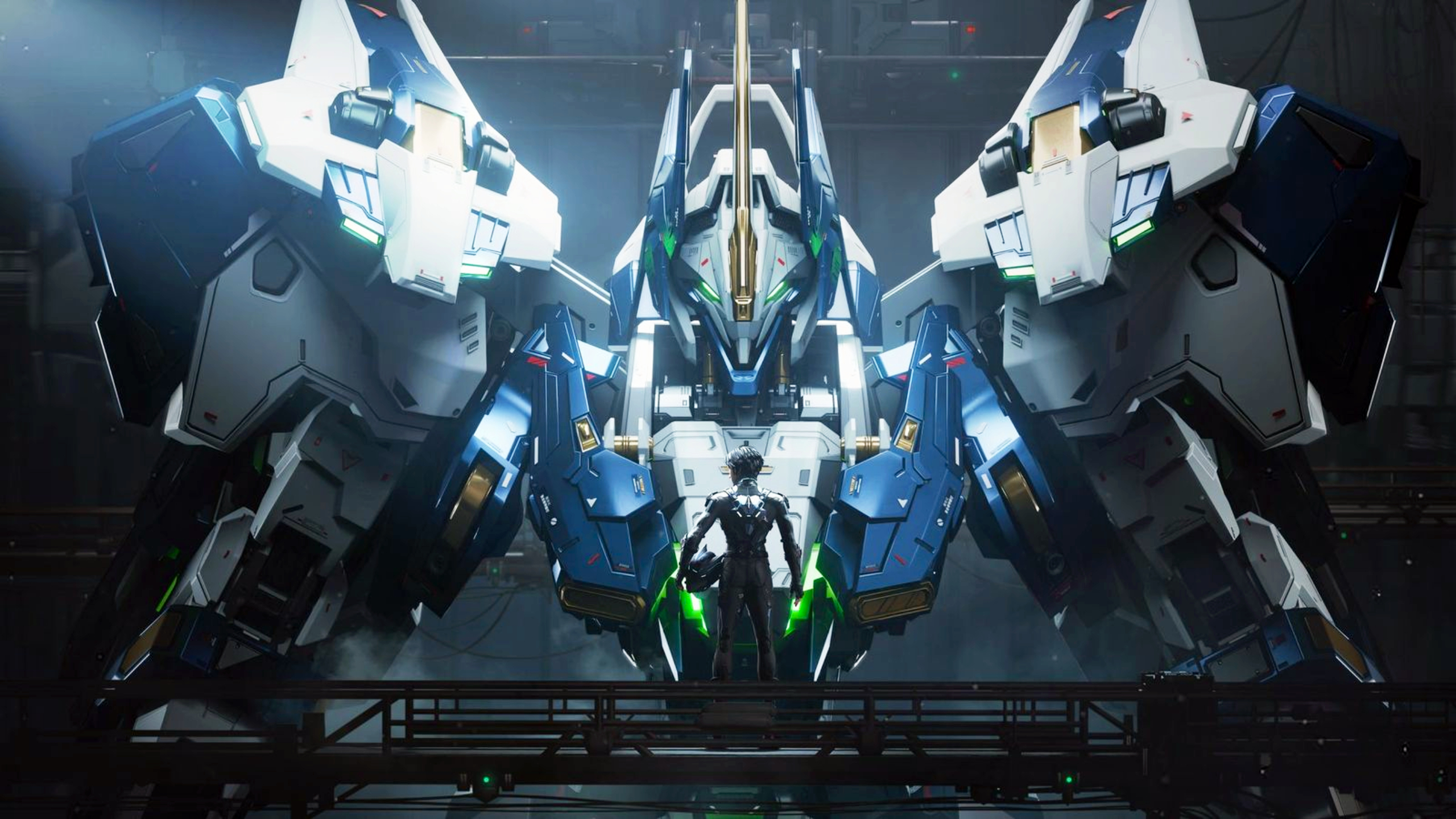 Mecha Break Twitch Drops: A pilot standing in front of a mech in a dark hangar, lit from above.