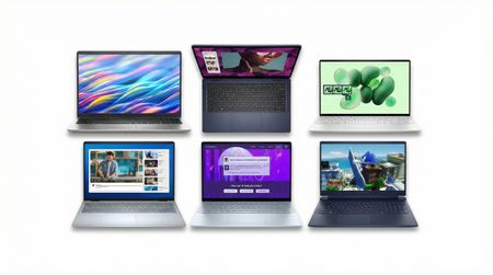A collage of six Dell laptops on a white background