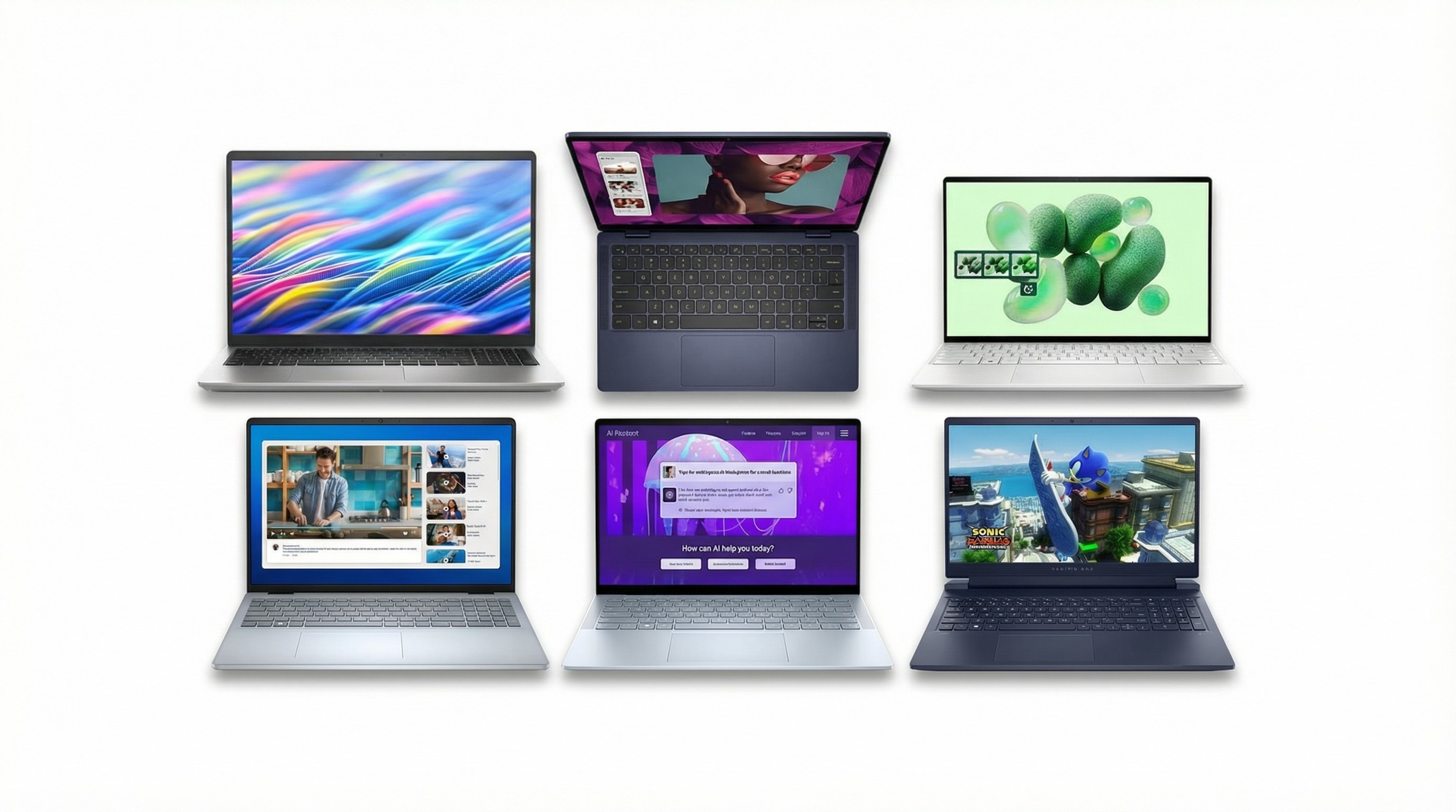 A collage of six Dell laptops on a white background