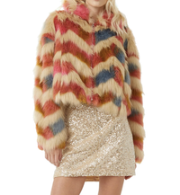 French Connection Dallow Faux-Fur Chevron Jacket | $228/£182.40
For the more daring dresser, this chevron-print jacket boasts faux fur in multicolor—perfect for party season generally, but even more so for NYE celebrations. Wear over sequined dresses, velvet jumpsuits, or with midi skirts and chunky boots for a funky look that will turn heads.