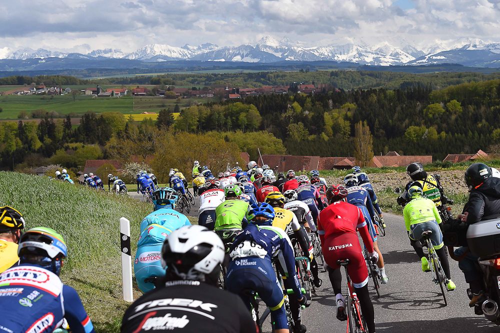 The peloton in action during stage 4 at the Tour de Romandie