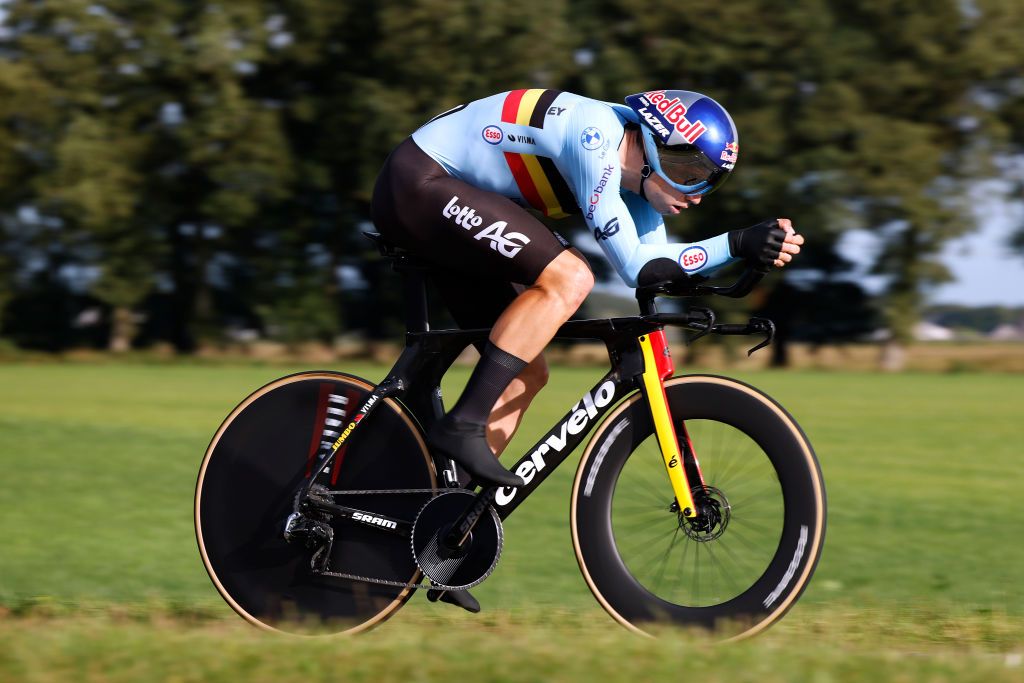EMMEN NETHERLANDS SEPTEMBER 20 Wout Van Aert of Belgium sprints during the 29th UEC Road Cycling European Championships 2023 Elite Mens Individual Time Trial a 295 km race from Emmen to Emmen UCIWT on September 20 2023 in Emmen Netherlands Photo by Bas CzerwinskiGetty Images
