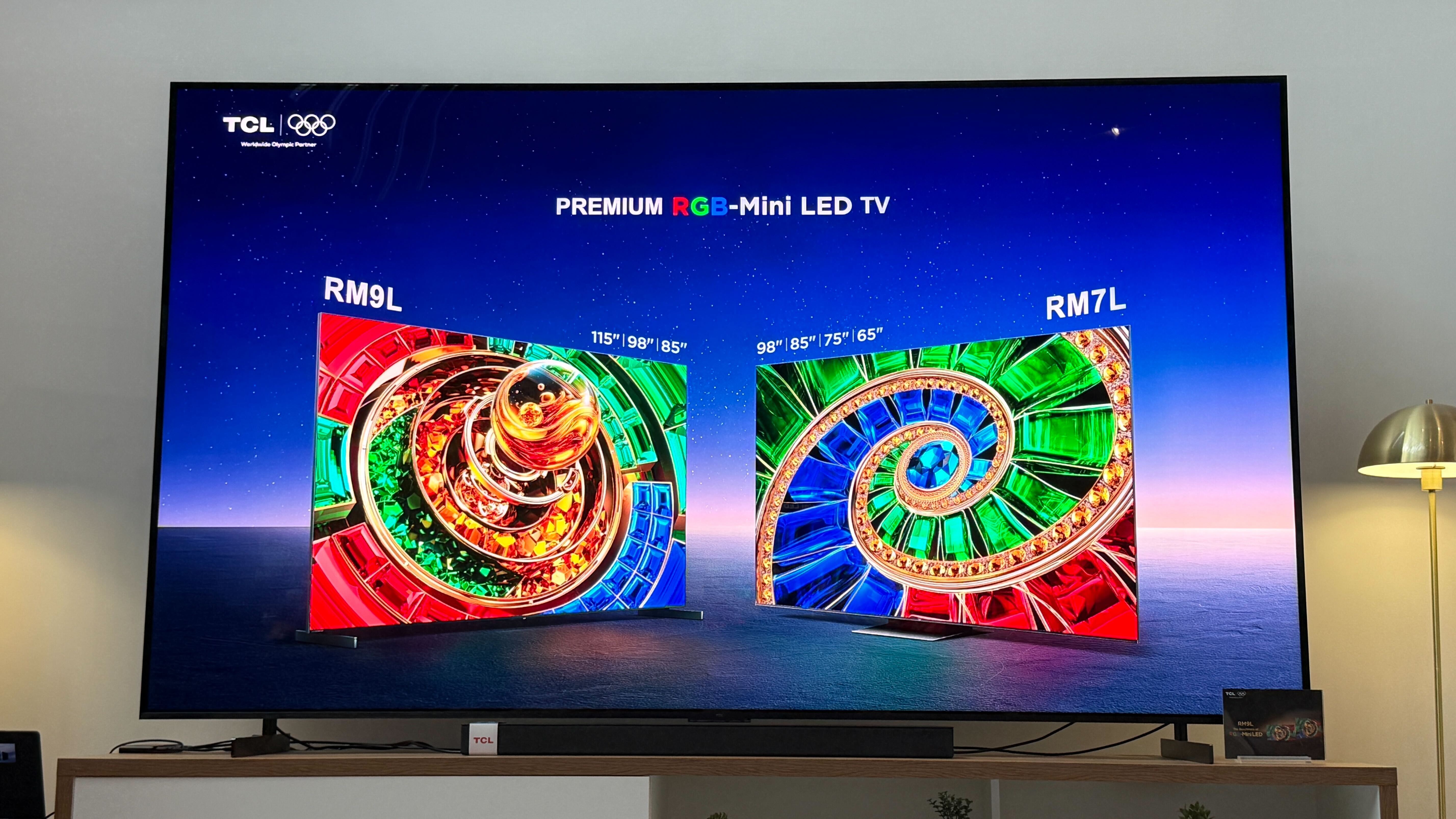 A TV with two more TVs on the display reading "TCL RGB Mini LED TV"