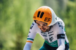Images of riders on the stage 20 time trial of the 2023 Giro d'Italia on Monte Lussari