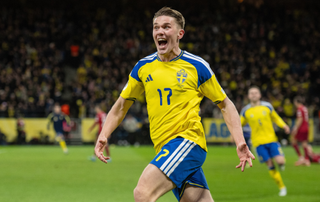 Viktor Gyökeres of Sweden celebrates after scoring goal during the FIFA World Cup 2026 European Qualifiers KO play-offs match between Sweden and Poland at Strawberry Arena on March 31, 2026 in Solna, Sweden.
