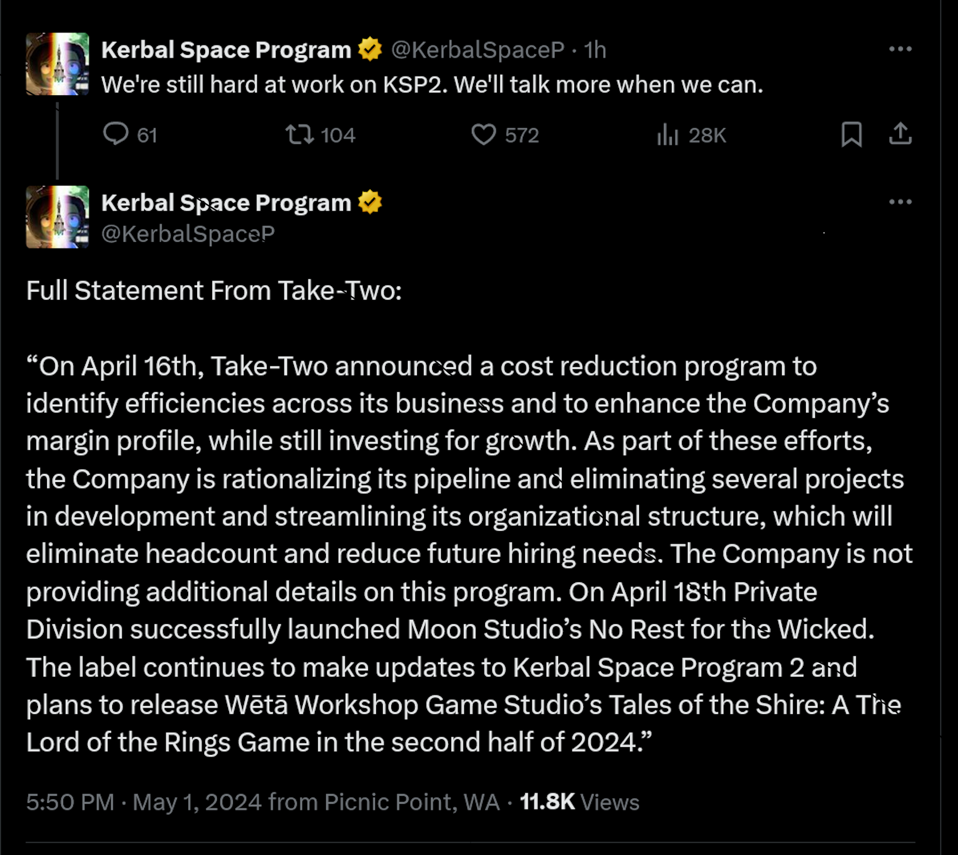 We're still hard at work on KSP2. We'll talk more when we can. Full Statement From Take-Two:  “On April 16th, Take-Two announced a cost reduction program to identify efficiencies across its business and to enhance the Company’s margin profile, while still investing for growth. As part of these efforts, the Company is rationalizing its pipeline and eliminating several projects in development and streamlining its organizational structure, which will eliminate headcount and reduce future hiring needs. The Company is not providing additional details on this program. On April 18th Private Division successfully launched Moon Studio’s No Rest for the Wicked. The label continues to make updates to Kerbal Space Program 2 and plans to release Wētā Workshop Game Studio’s Tales of the Shire: A The Lord of the Rings Game in the second half of 2024.”