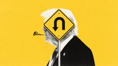 Photo illustration of Donald Trump standing behind a U-turn road sign