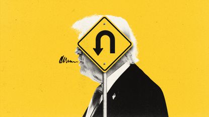Photo illustration of Donald Trump standing behind a U-turn road sign