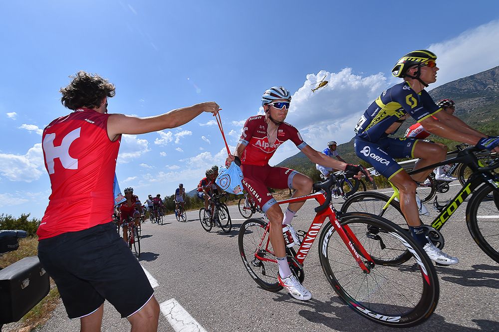 Marco Haller gets a feed during stage 5 at the Vuelta