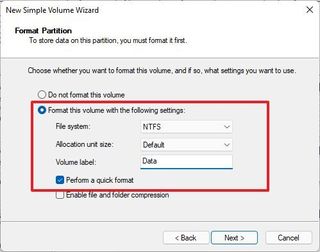 Format partition settings