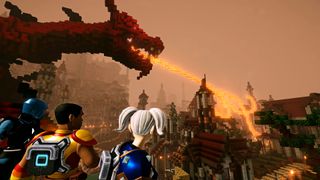 Free games like Minecraft - Creativerse - characters watch a dragon breathe fire on a town