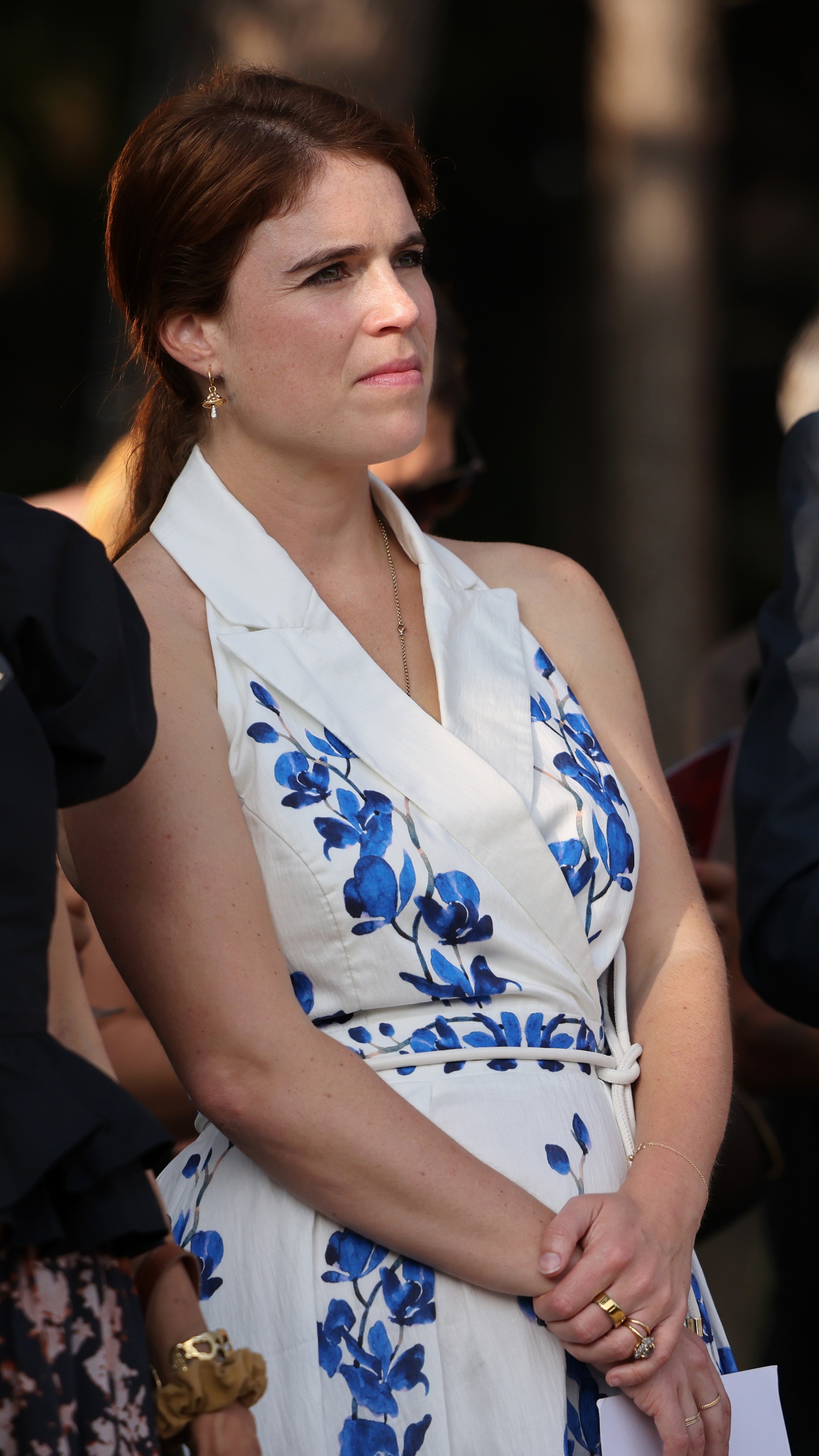Princess Eugenie stands listening as she attends the launch of "Thirty Six For Coral", an art exhibition supporting coral preservation on June 12, 2025 in Nice