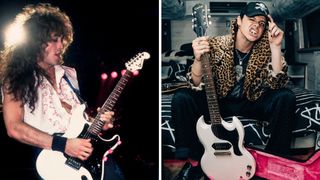 Left&ndash;Jake E. Lee performs with Ozzy Osbourne at the Poplar Creek Music Theater in Hoffman Estates, Illinois, July 13, 1986; Right&ndash;Yungblud with his Epiphone signature guitar