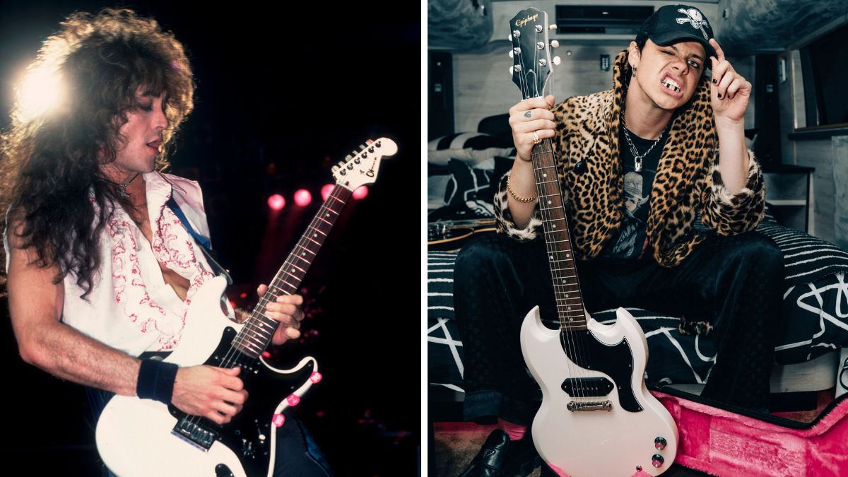 Left&ndash;Jake E. Lee performs with Ozzy Osbourne at the Poplar Creek Music Theater in Hoffman Estates, Illinois, July 13, 1986; Right&ndash;Yungblud with his Epiphone signature guitar