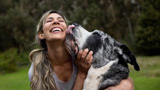 Great Dane licking female owner’s face