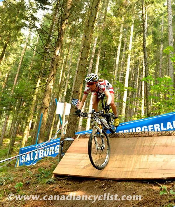 Defending world champion Catharine Pendrel (Canada) practices the dropoff at the top of the course
