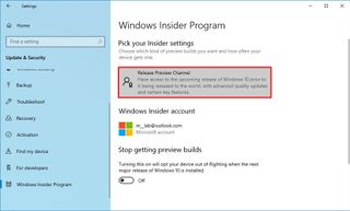 Windows Insider Program current selection