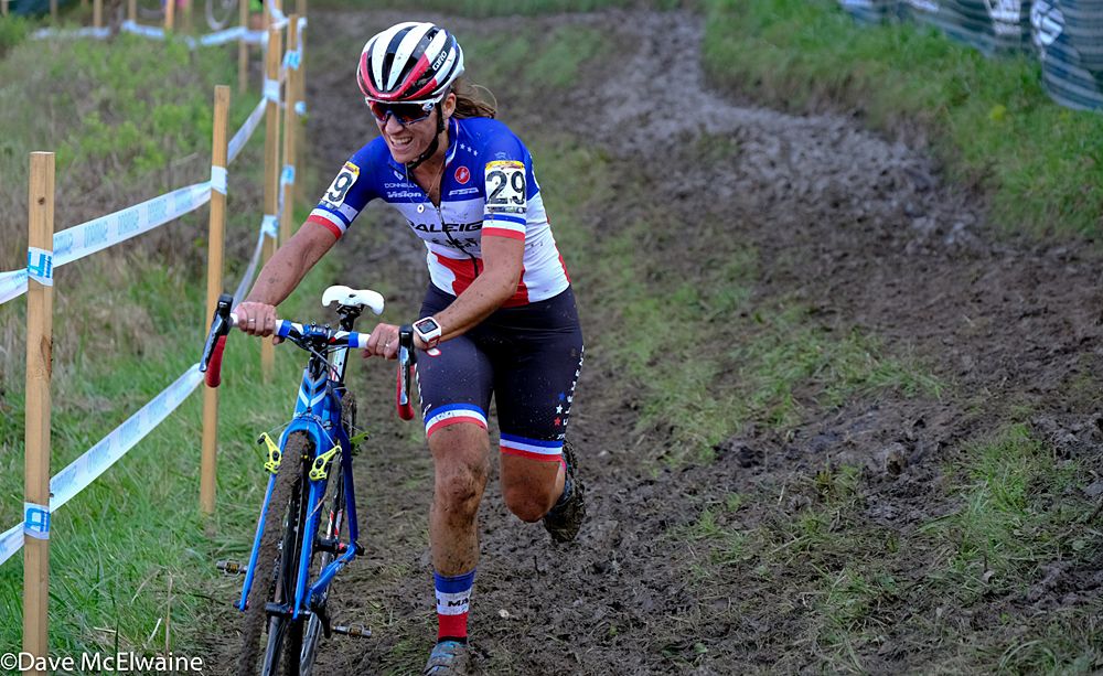 Caroline Mani (FRA) running in second place with one lap remaining