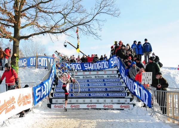 Riders tackle the stairs on the course