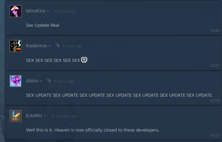 A series of comments from a thread with insights such as: "Sex update real" and "Sex update sex update sex update".