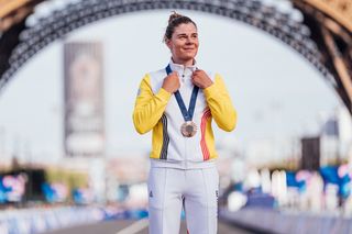 Picture by Zac WilliamsSWpixcom 04082024 Paris 2024 Olympic Games Cycling Road TrocaderoTrocadero 1580km Paris France Womens Road Race Lotte Kopecky Belgium on the podium receiving the Olympic Bronze Medal