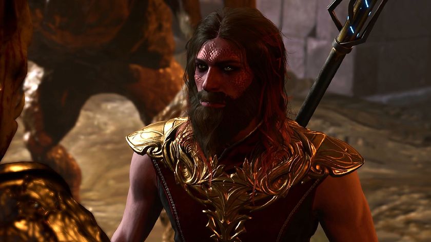 Dragon sorcerer with long hair and beard confronts player in Baldur&#039;s Gate 3