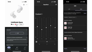 Sony LinkBuds Open earbuds app on three smartphone screens