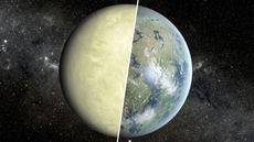 An artist's concept showing a super-Venus on the left and Earth on the right.