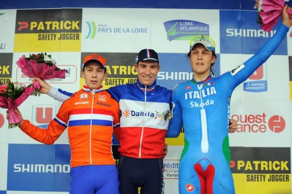 The Under 23 men's podium: Lars van der Haar (Netherlands), Matthieu Boulo (France) and Matteo Trentin (Italy)