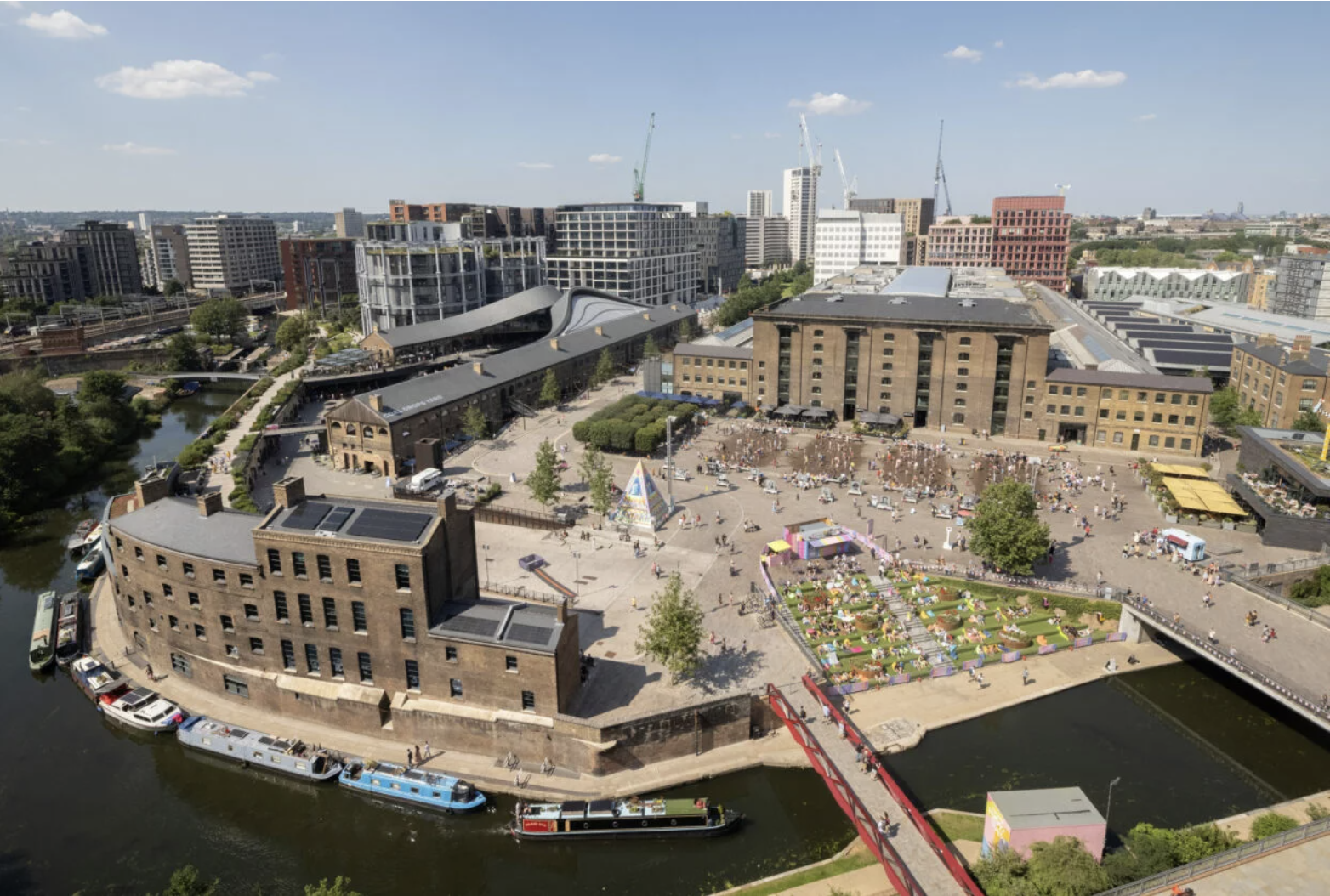 an aerial image of granary square showing the surrounding Coal Drop's Yard and Everyman on the Canal