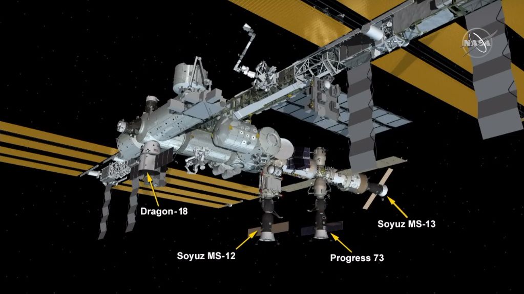This before graphic shows the location of Soyuz MS-13 before its relocation flight to the Poisk module of the International Space Station on Aug. 25, 2019.