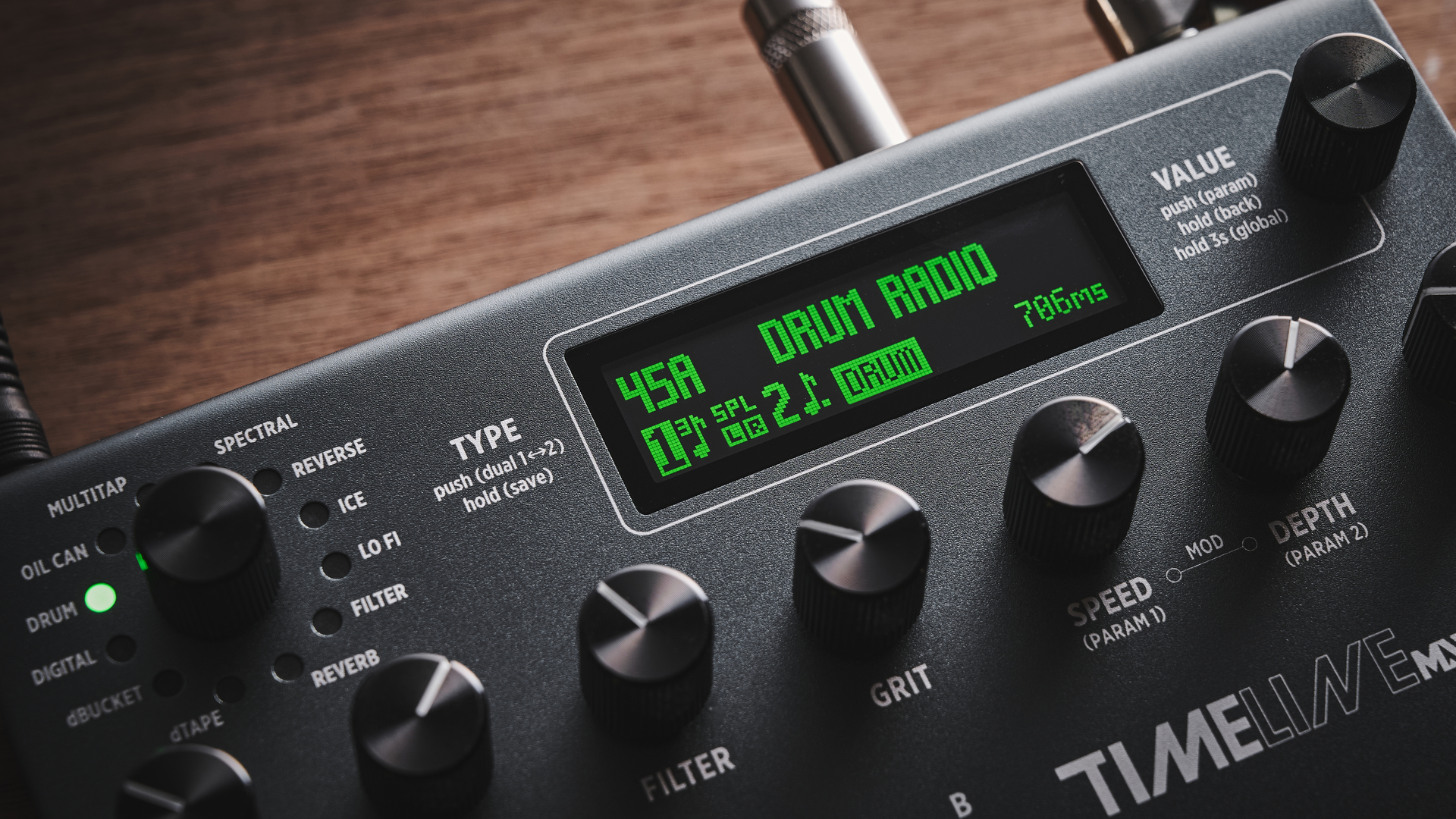 Close up of the screen on the Strymon TimeLine MX delay pedal