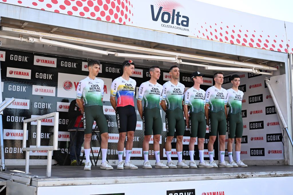 SANT FELIU DE GUIXOLS SPAIN MARCH 18 A general view of Orluis Aular of Venezuela Sebastian Berwick of Australia David Gonzalez of Spain Fernando Barcelo of Spain Jokin Murguialday of Spain Samuel Fernandez of Spain Joel Nicolau of Spain and Team Caja RuralRGA prior to the 103rd Volta Ciclista a Catalunya 2024 Stage 1 a 1739km stage from Sant Feliu de Guixols to Sant Feliu de Guixols UCIWT on March 18 2024 in Sant Feliu de Guixols Spain Photo by David RamosGetty Images