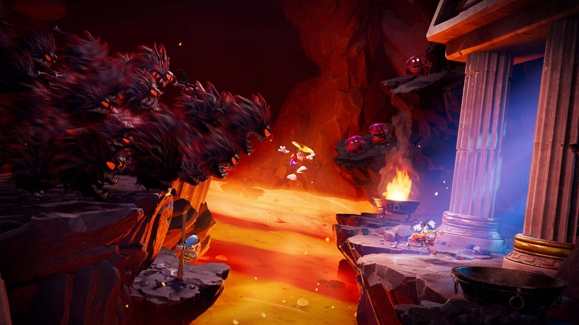 Dark creatures chase Rayman and friends through ancient ruins in Rayman Legends Retold above lava