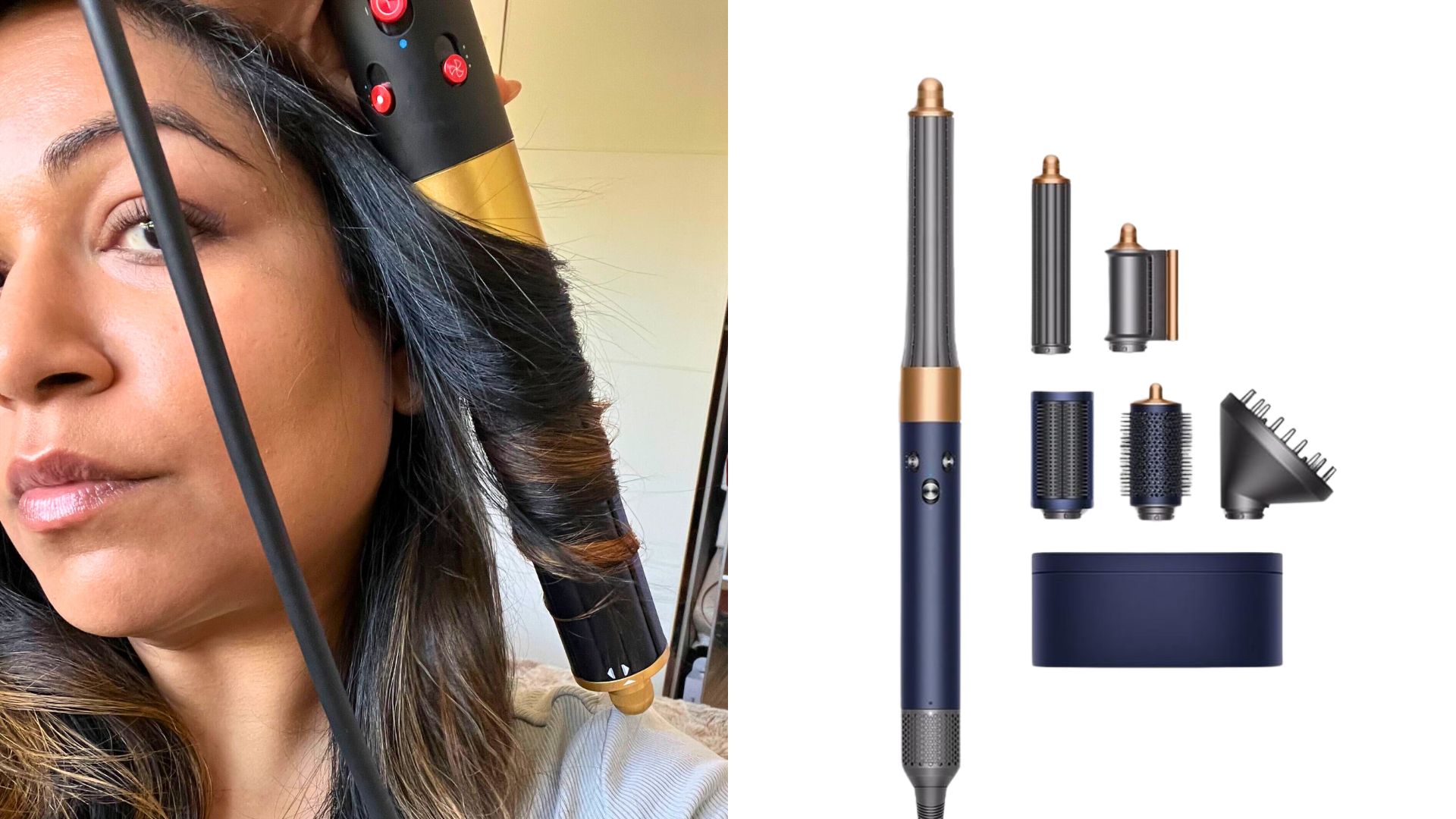 Aleesha using the Dyson Airwrap next to a shot of the tool with all its attachments