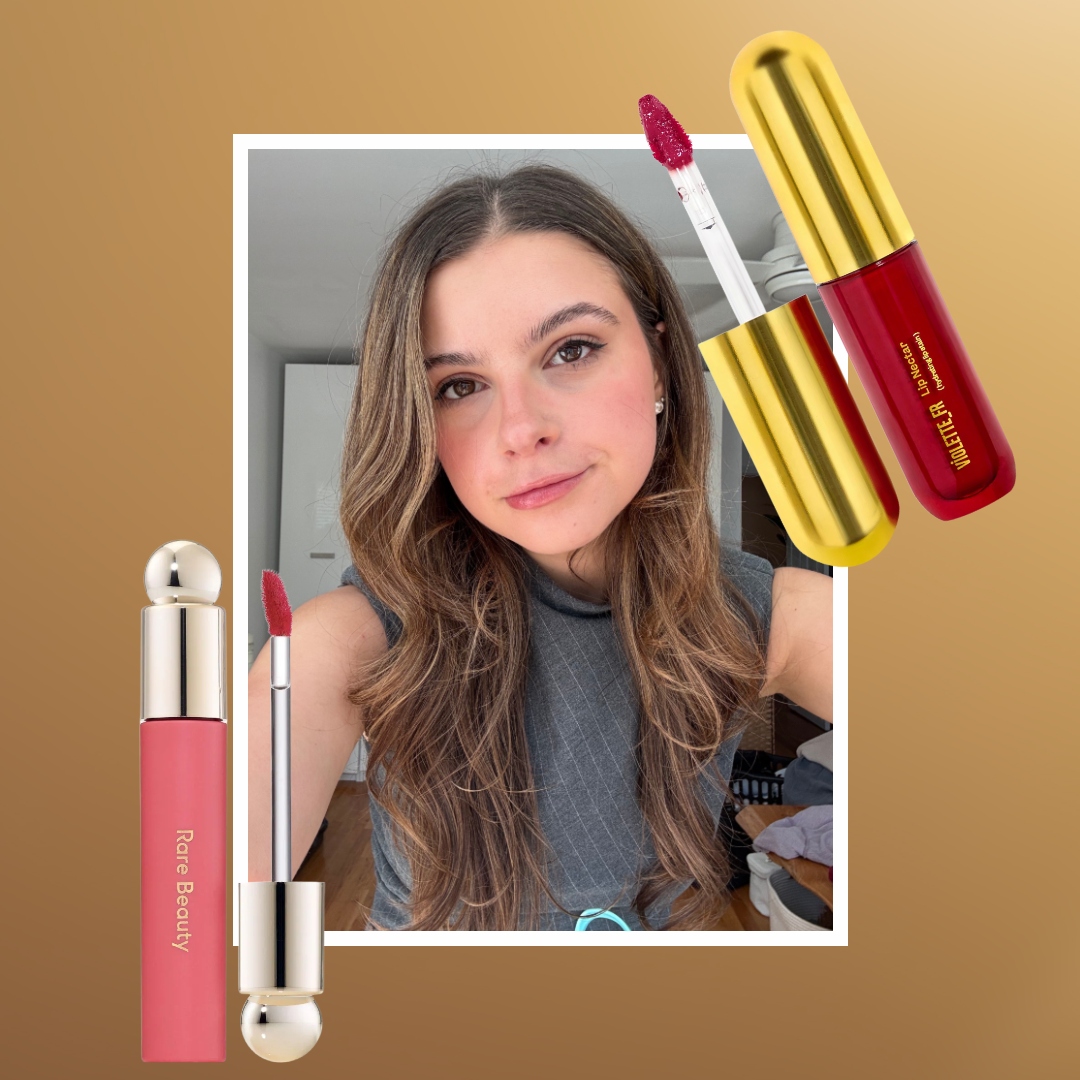 danielle cohen on a gold background surrounded by lipstick