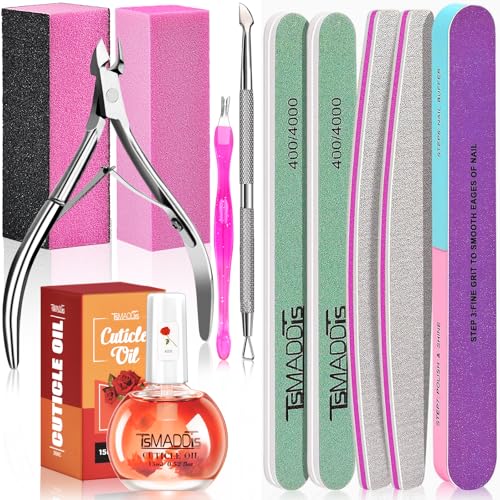 Tsmaddts Manicure Tools Kit Nail Care Kit With 3pcs Files, 2pcs Buffer Blocks, 2pcs Polishing Buffers, Cuticle Nipper, Pusher and Cuticle Oil