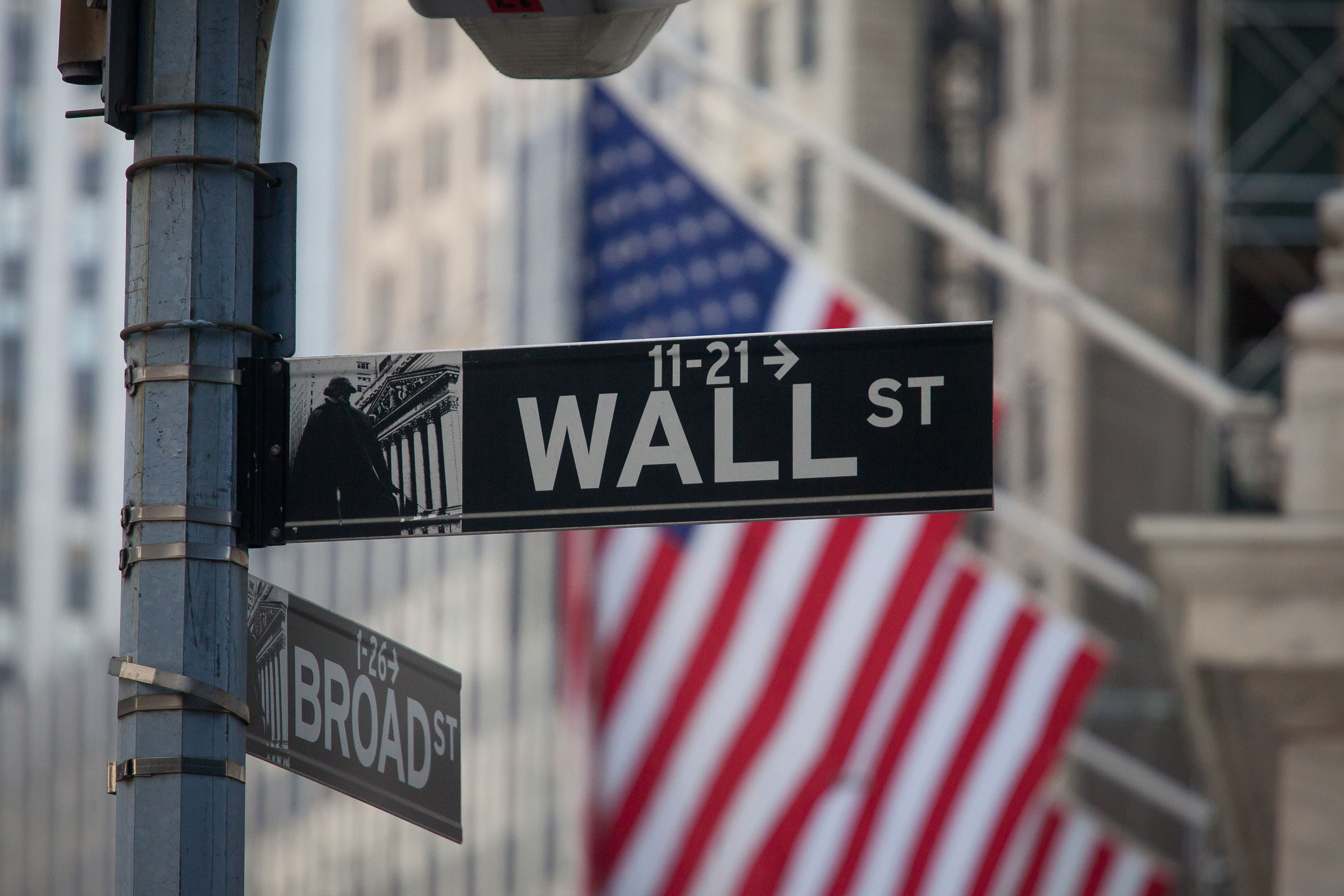 A sign for Wall Street and American flags in New York representing the S&amp;P 500 stock market index