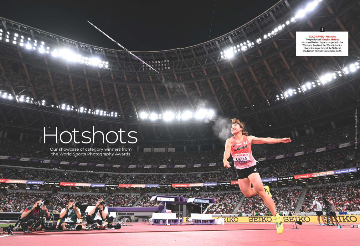 Image showing the first two pages of the Hotshots gallery in issue 305 (April 2026) of Digital Camera magazine, showcasing category winners from the World Sports Photography Awards 2025
