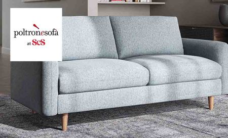 Poltronesofa at ScS logo top left with a close up shot of a grey sofa