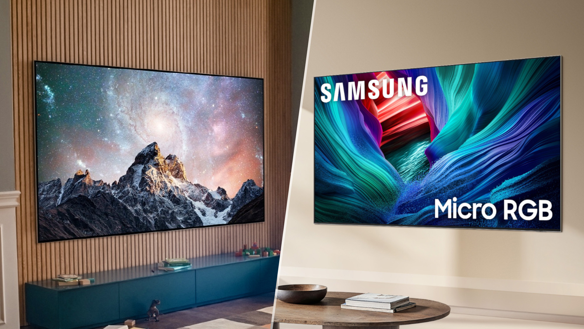 A side-by-side composite of two images: On the left is the LG C2 OLED, wall-mounted and displaying a mountain in front of a galaxy-rich night sky. On the right is Samsung's Micro RGB TV, also wall-mounted, displaying a colorful, abstract image.