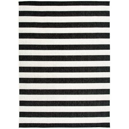 Black and White Striped Cabana Woven Outdoor Rug, 5'x7'