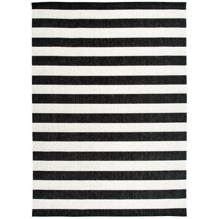Mainstays Black and White Striped Cabana Woven Outdoor Rug, 5'x7'