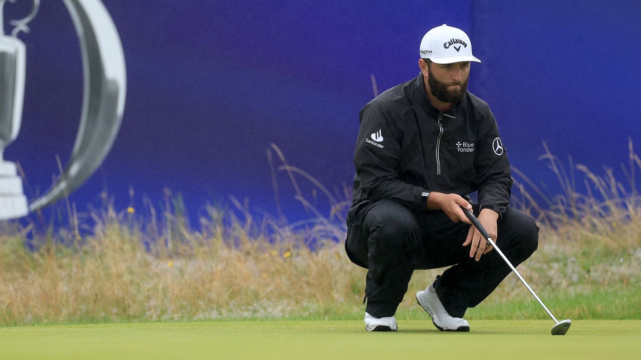 Jon Rahm lines up a putt on the third hole during the final round of the Open.