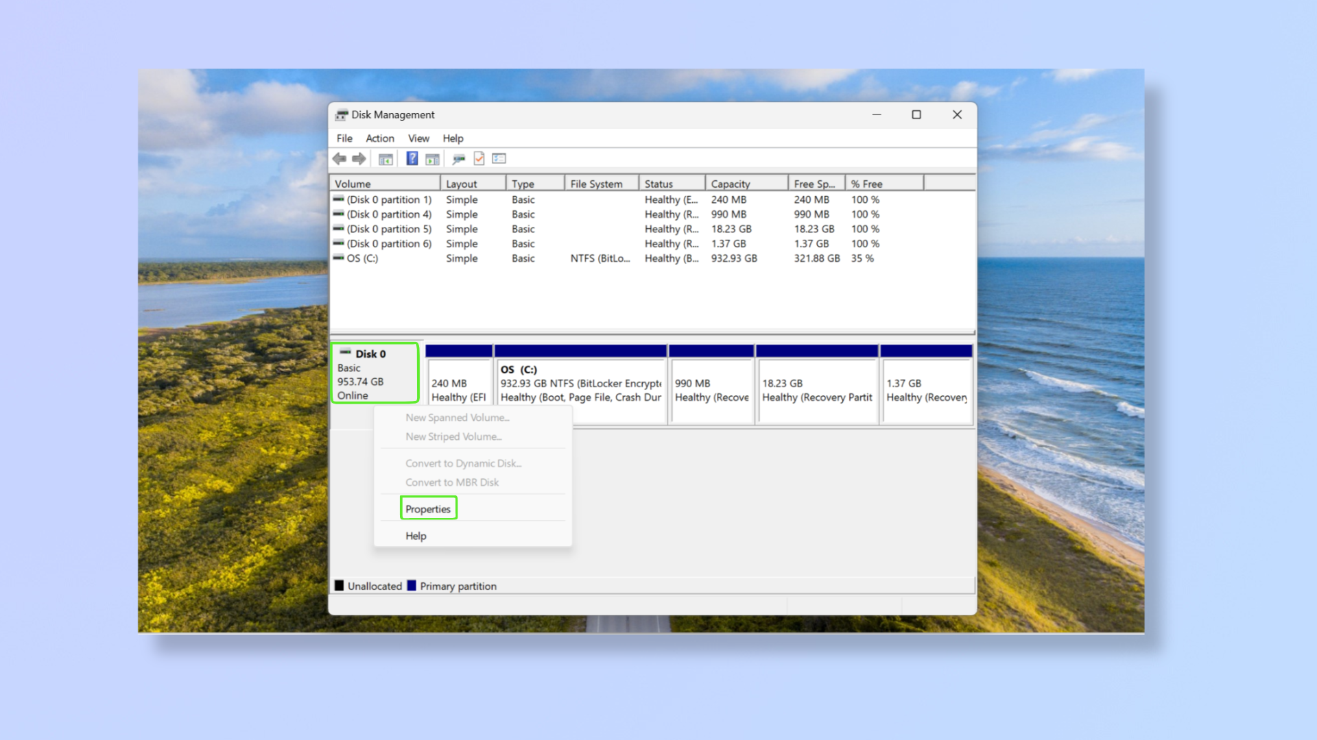 Снимок экрана инструмента «Управление дисками» в Windows 11.