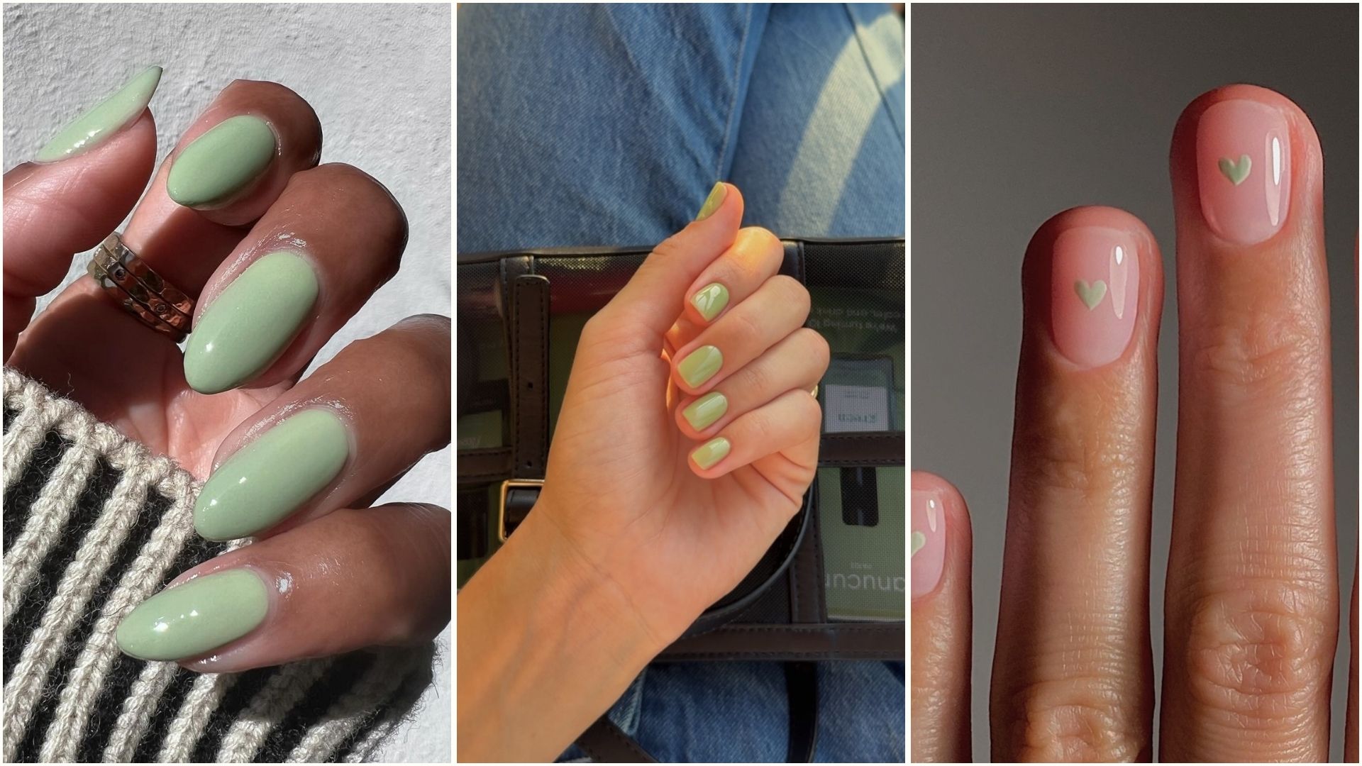 A collage of milky matcha manicures