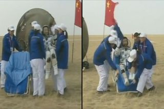 Taikonauts Jing Haipeng and Chen Dong are seen after landing on board China's Shenzhou 11 spacecraft on Nov. 18.
