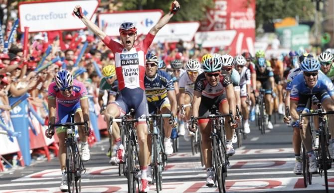 Danish champion Michael Morkov (Saxo-Tinkoff) celebrates victory in stage 6 at the Vuelta a Espana
