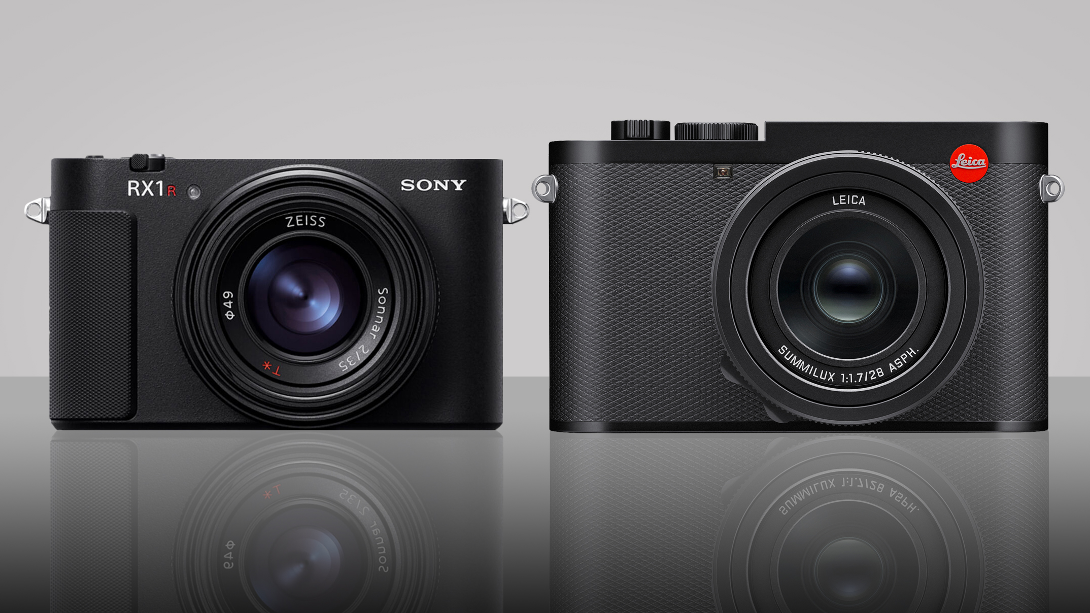 Sony RX1R III next to a Leica Q3 on a grey background