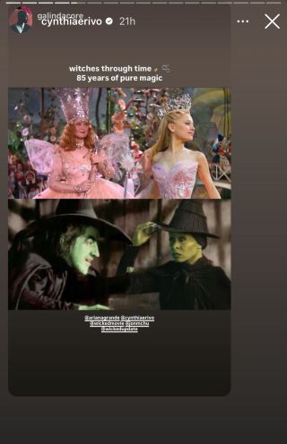 Side-by-side stills of the Wicked Witch of the West and Glinda from The Wizard of Oz and Wicked